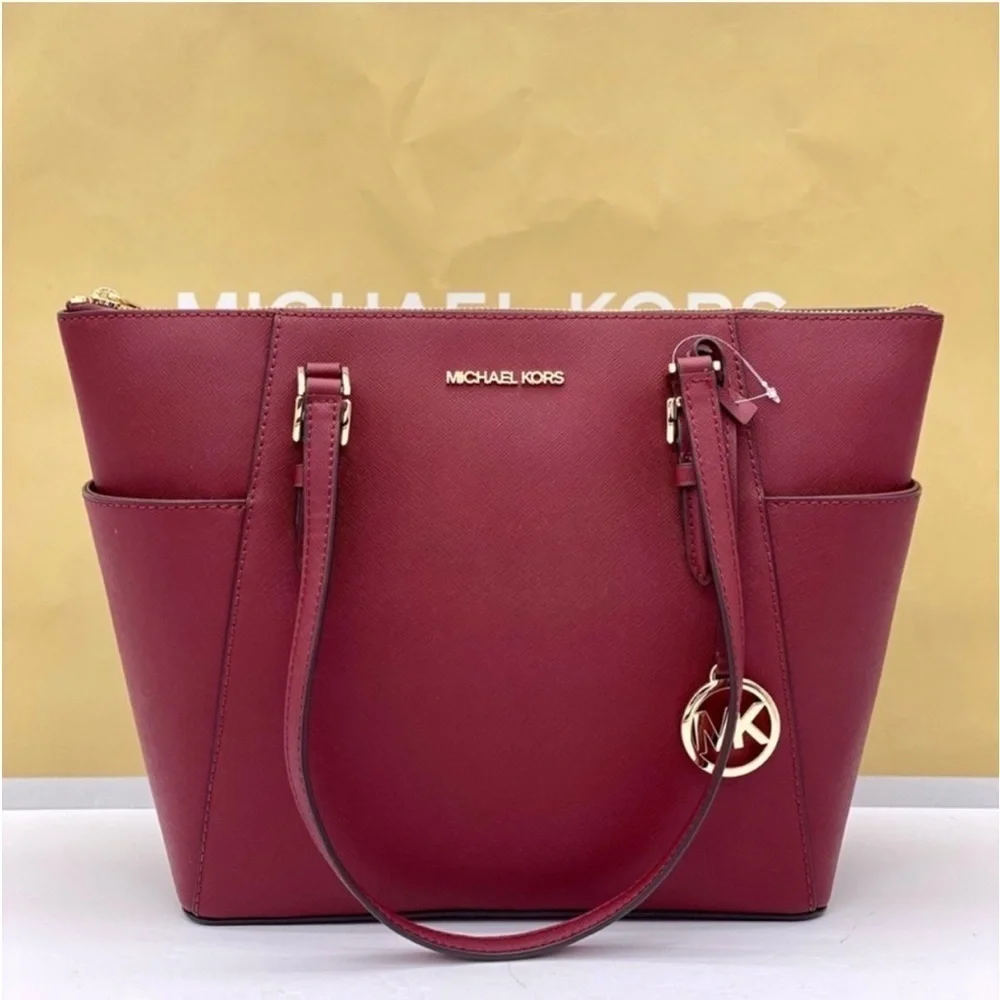 Michael Kors Charlotte Leather Tote Shoulder Bag Dark Cherry